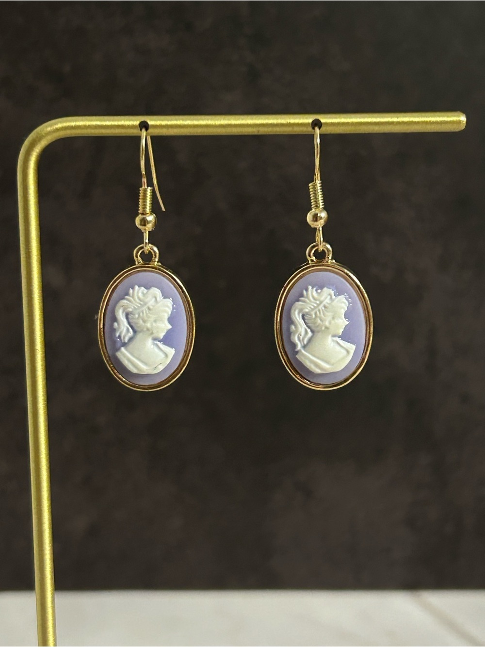 Gold-Tone Lavender Cameo Drop Earrings